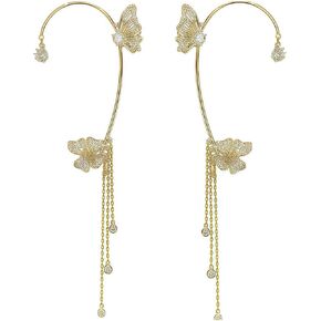 Non-Pierced Butterfly Flower Tassel Ear Cuff 18K Gold Plated 5A Zircon Ear Wrap for Women Holiday Party Birthday Ball Jewelry in Kuwait