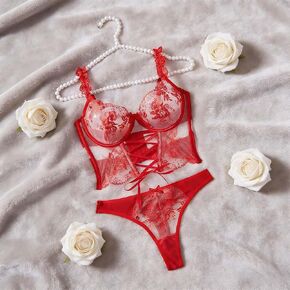 Sexy Tie Floral Embroidered Lingerie Sets for Women,Sexy Underwire Push Up Sexy Bra And Panty 2 Piece Sets-Red in Kuwait