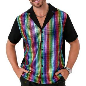 Men's 70s Disco Shirts, Sequins Short Sleeve Button Down Shirts Party Holiday Tops in Saudi Arabia