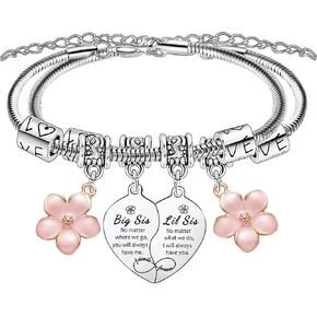 Big Sister Little Sister Gifts 2 Pcs Heart Matching Bracelets for Sisters Bracelets for Big Sis Lil Sis Bracelet Gifts for Sisters Friend Besties Christmas Birthday Present Flower Charm Bracelet in Saudi Arabia