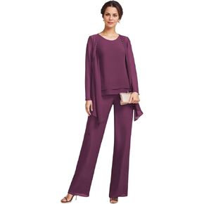 3 Pieces Mother of The Bride Pant Suits with Jackets Chiffon Long Sleeve Formal Outfit for Women Dressy KW008 in Saudi Arabia