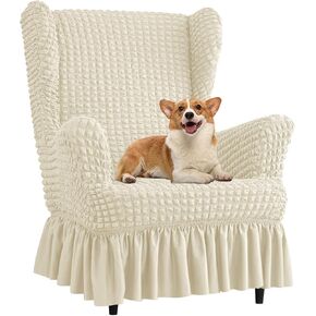 Stretch Seersucker Wingback Chair Slipcover, Universal Bubble Wing Chair Slipcovers with Skirt, Living Room High Back Chair Covers Set with Ottoman Cover, Easy Fit Washable Slip Covers for Armchairs(P in Saudi Arabia