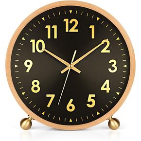 Maxspace Wooden Table Clock,8in Silent Non-Ticking Desk Clock with Gold Ball Base,Battery Operated Desktop Analog Clock for Living Room Office Bedroom Decor (Green Gold - Walnut, Copper Ball Base) in Saudi Arabia