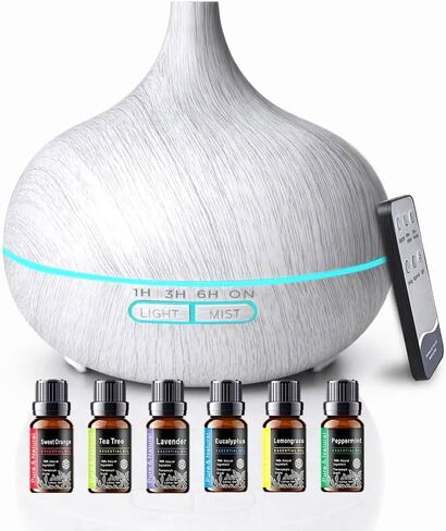 550ml Essential Oil Diffusers with Remote Control, Ultrasonic Oil Diffuser with Timer，7 Color LED Night Light and Waterless Auto-Off Functions for Home, Spa White Wood Grain in Kuwait