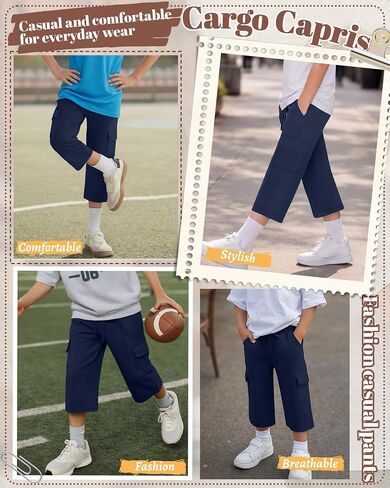 Boy's Cargo Pants Capris Straight Leg Sweatpants with Multi Pockets Elastic Waist Casual Trousers 6-16 Years in Kuwait