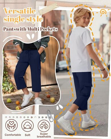 Boy's Cargo Pants Capris Straight Leg Sweatpants with Multi Pockets Elastic Waist Casual Trousers 6-16 Years in Kuwait