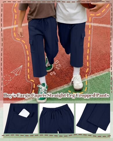 Boy's Cargo Pants Capris Straight Leg Sweatpants with Multi Pockets Elastic Waist Casual Trousers 6-16 Years in Kuwait