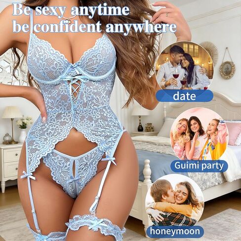 Lingerie Sets for Women,Lace Sexy Lingerie,Sheer Bustier Top with Semi-Circle Underwire & Open-Crotch Thong,4 Piece in Kuwait
