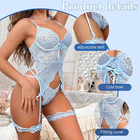 Lingerie Sets for Women,Lace Sexy Lingerie,Sheer Bustier Top with Semi-Circle Underwire & Open-Crotch Thong,4 Piece in Kuwait