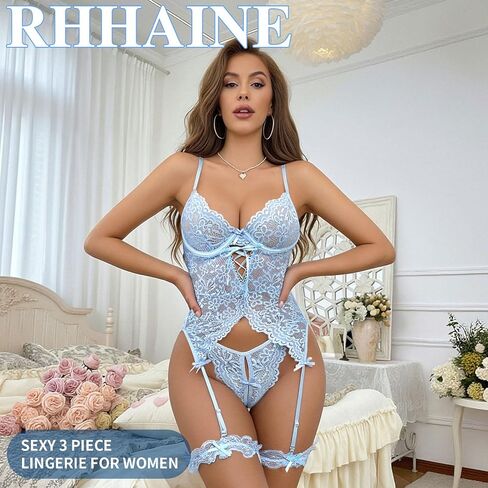 Lingerie Sets for Women,Lace Sexy Lingerie,Sheer Bustier Top with Semi-Circle Underwire & Open-Crotch Thong,4 Piece in Kuwait
