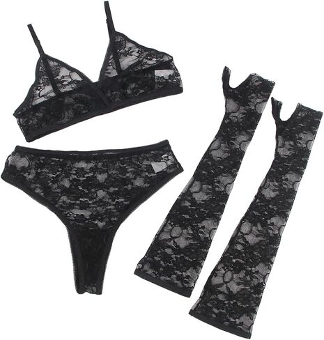 Womens Sheer Mesh Lingerie Set Deep V Lace Bodysuit with Sleeve Elastic Trim Plus Size Teddy Bra and Panty in Kuwait