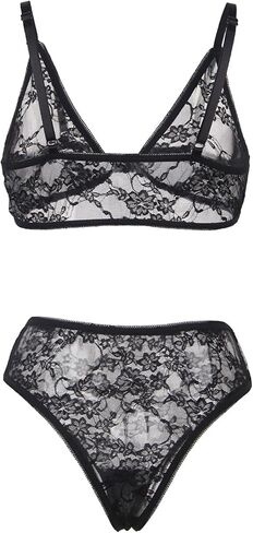 Womens Sheer Mesh Lingerie Set Deep V Lace Bodysuit with Sleeve Elastic Trim Plus Size Teddy Bra and Panty in Kuwait