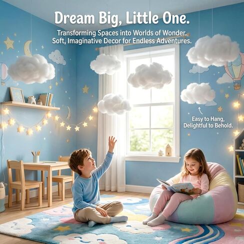 Cloud Ceiling Decor Hanging Clouds - MAQIHAN 3D Fake Clouds for Room Ceiling, White Cotton Clouds Decorations with Hooks for Baby Shower Party Classroom, Blue Sky Nursery Bedroom Hanging Decor in Kuwait