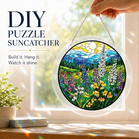 8.9 Inches Wildflower Puzzle Suncatcher, DIY Acrylic Stained Glass Style Window Hanging Decor, Butterfly Meadow Sun Catcher Puzzle Gift for Women in Saudi Arabia