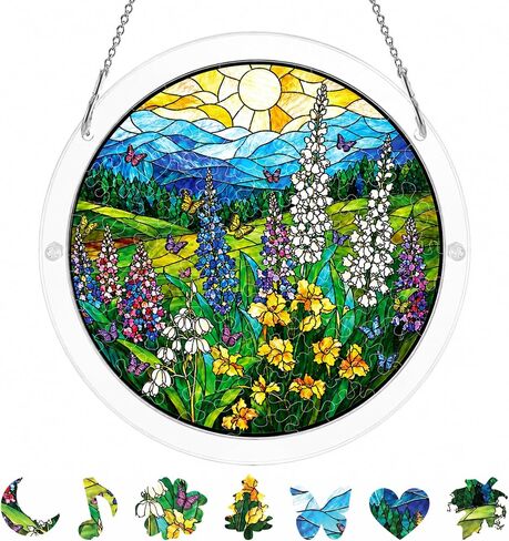 8.9 Inches Wildflower Puzzle Suncatcher, DIY Acrylic Stained Glass Style Window Hanging Decor, Butterfly Meadow Sun Catcher Puzzle Gift for Women in Saudi Arabia