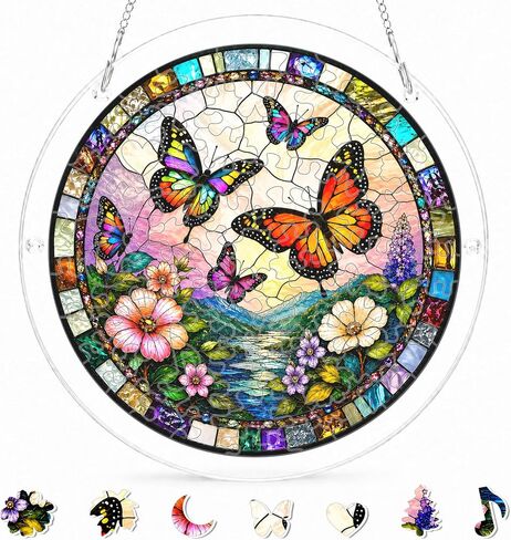 8.9 Inches Wildflower Puzzle Suncatcher, DIY Acrylic Stained Glass Style Window Hanging Decor, Butterfly Meadow Sun Catcher Puzzle Gift for Women in Saudi Arabia