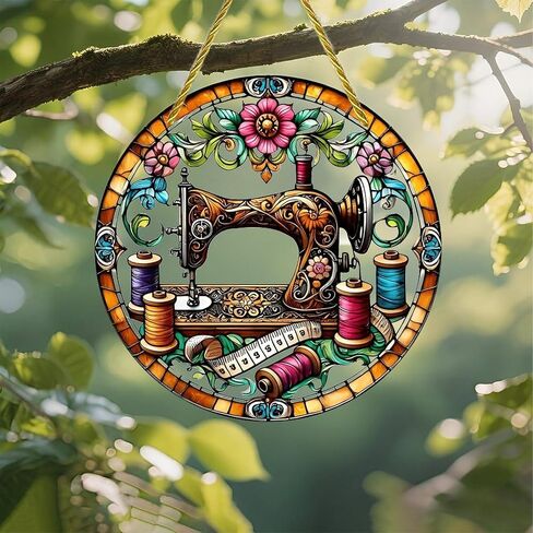 Colorful Acrylic Suncatcher, Antique Sewing Machine Floral Design 7-inch Hanging Window Wall Art Decor with Printed Stained Glass Style Design, Gift Idea & Garden Ornament Indoor Outdoor Use in Kuwait