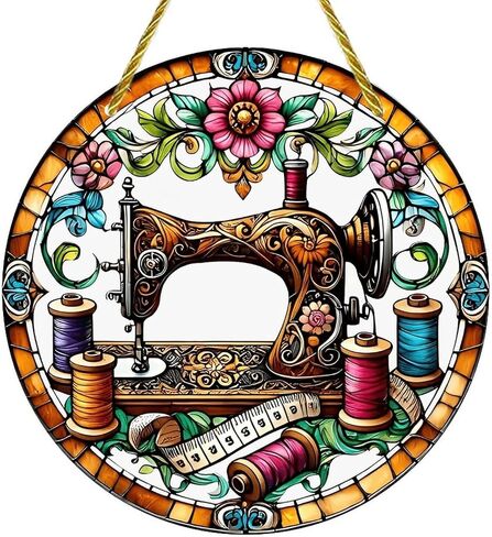Colorful Acrylic Suncatcher, Antique Sewing Machine Floral Design 7-inch Hanging Window Wall Art Decor with Printed Stained Glass Style Design, Gift Idea & Garden Ornament Indoor Outdoor Use in Kuwait