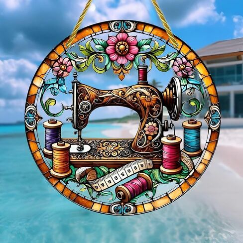 Colorful Acrylic Suncatcher, Antique Sewing Machine Floral Design 7-inch Hanging Window Wall Art Decor with Printed Stained Glass Style Design, Gift Idea & Garden Ornament Indoor Outdoor Use in Kuwait