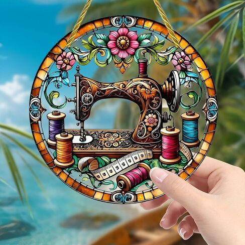 Colorful Acrylic Suncatcher, Antique Sewing Machine Floral Design 7-inch Hanging Window Wall Art Decor with Printed Stained Glass Style Design, Gift Idea & Garden Ornament Indoor Outdoor Use in Kuwait
