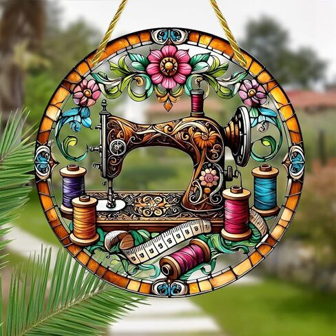 Colorful Acrylic Suncatcher, Antique Sewing Machine Floral Design 7-inch Hanging Window Wall Art Decor with Printed Stained Glass Style Design, Gift Idea & Garden Ornament Indoor Outdoor Use in Kuwait