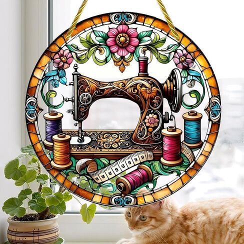 Colorful Acrylic Suncatcher, Antique Sewing Machine Floral Design 7-inch Hanging Window Wall Art Decor with Printed Stained Glass Style Design, Gift Idea & Garden Ornament Indoor Outdoor Use in Kuwait