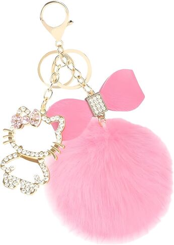 Keychain with Plush Ball Charm, Sparkling Pink Crystal Accents for Bag Decor and Stress Relief, Durable Metal Construction with Fade-Resistant Finish, Adorable Desktop Accessory for Daily Use in Kuwait