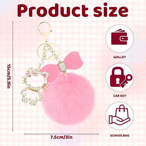 Keychain with Plush Ball Charm, Sparkling Pink Crystal Accents for Bag Decor and Stress Relief, Durable Metal Construction with Fade-Resistant Finish, Adorable Desktop Accessory for Daily Use in Kuwait