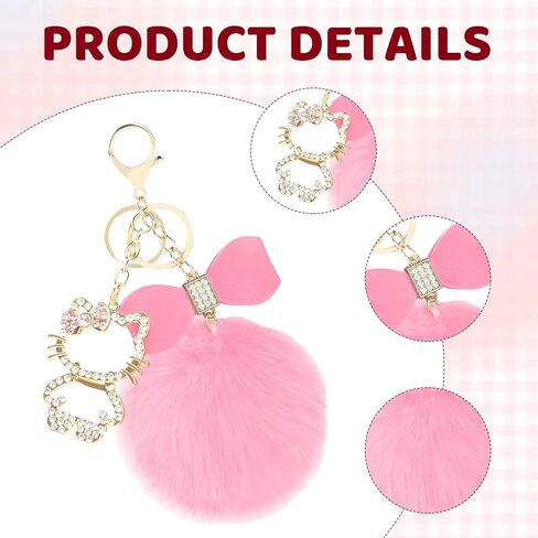 Keychain with Plush Ball Charm, Sparkling Pink Crystal Accents for Bag Decor and Stress Relief, Durable Metal Construction with Fade-Resistant Finish, Adorable Desktop Accessory for Daily Use in Kuwait