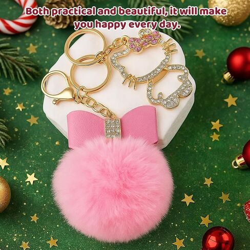 Keychain with Plush Ball Charm, Sparkling Pink Crystal Accents for Bag Decor and Stress Relief, Durable Metal Construction with Fade-Resistant Finish, Adorable Desktop Accessory for Daily Use in Kuwait