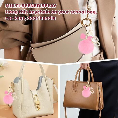 Keychain with Plush Ball Charm, Sparkling Pink Crystal Accents for Bag Decor and Stress Relief, Durable Metal Construction with Fade-Resistant Finish, Adorable Desktop Accessory for Daily Use in Kuwait