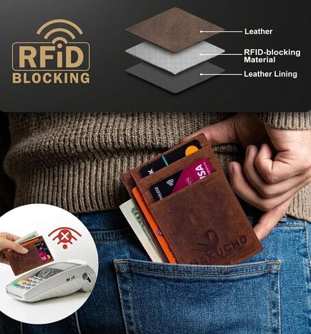 RFID Blocking Slim Wallet for Men, Genuine Leather Front Pocket Wallet, Thin Minimalist Bifold Wallet, Medium Size Card Holder, 4 cards Compact Credit Card & Cash Wallet in Saudi Arabia