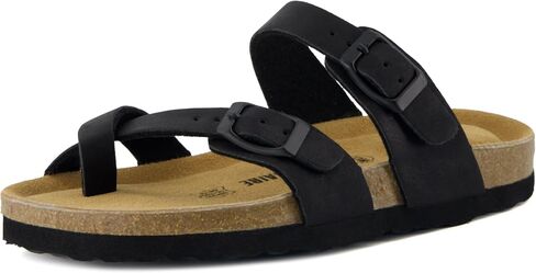 CUSHIONAIRE Luna Kids Sandals, Supportive Cork Footbed Slides for Kids, Boys and Girls with Adjustable Buckles and Comfortable Fit, BLACK 3 in Kuwait