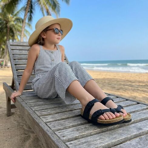 CUSHIONAIRE Luna Kids Sandals, Supportive Cork Footbed Slides for Kids, Boys and Girls with Adjustable Buckles and Comfortable Fit, BLACK 3 in Kuwait