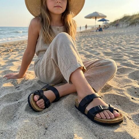 CUSHIONAIRE Luna Kids Sandals, Supportive Cork Footbed Slides for Kids, Boys and Girls with Adjustable Buckles and Comfortable Fit, BLACK 3 in Kuwait