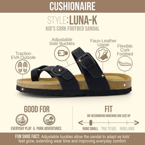 CUSHIONAIRE Luna Kids Sandals, Supportive Cork Footbed Slides for Kids, Boys and Girls with Adjustable Buckles and Comfortable Fit, BLACK 3 in Kuwait