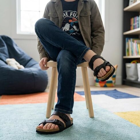 CUSHIONAIRE Luna Kids Sandals, Supportive Cork Footbed Slides for Kids, Boys and Girls with Adjustable Buckles and Comfortable Fit, BLACK 3 in Kuwait
