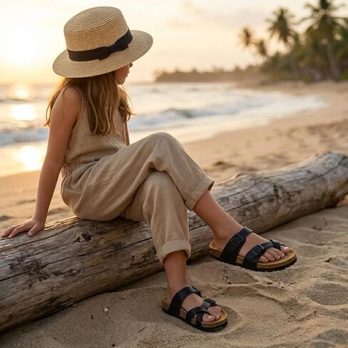 CUSHIONAIRE Luna Kids Sandals, Supportive Cork Footbed Slides for Kids, Boys and Girls with Adjustable Buckles and Comfortable Fit, BLACK 3 in Kuwait