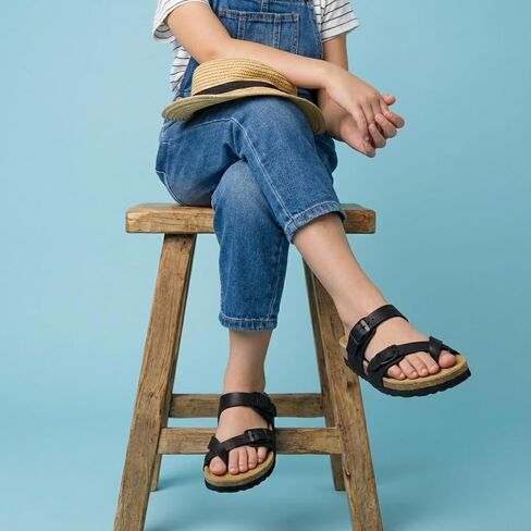 CUSHIONAIRE Luna Kids Sandals, Supportive Cork Footbed Slides for Kids, Boys and Girls with Adjustable Buckles and Comfortable Fit, BLACK 3 in Kuwait