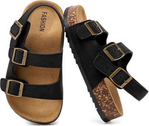 Kids Sandals Boys Girls Sandals with Back Strap Comfort Toddler Cork Footbed Leather Adjustable Double Buckle Slip On Slippers Slide Open Toe Summer Flats Dress Shoes in Saudi Arabia