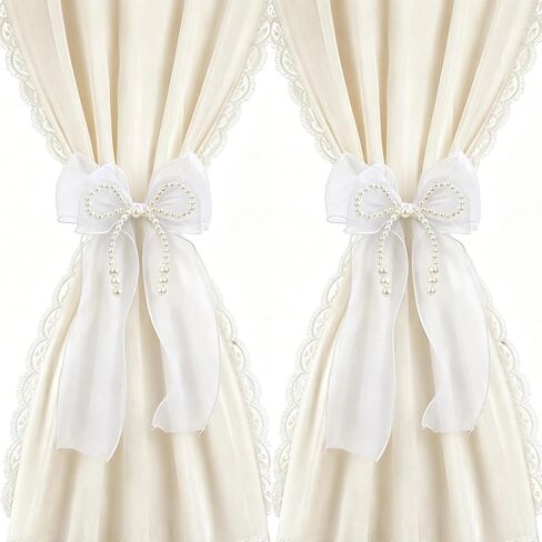Curtain Tiebacks No Drill- 2 Pcs Black Bowknot Curtain Holdbacks with Pearls, French Silky Ties for Bedroom Window Aesthetic Home Holidays Decorations, Housewarming Gift Set in Saudi Arabia