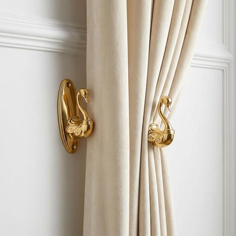 Curtain Tiebacks – Pair of Vintage Swan Style Gold Curtain Holdbacks, Swan Decor Drapery Tieback Hooks, Brass Curtain Holdbacks, Vintage Curtain Tiebacks Hooks for Window Treatment in Saudi Arabia