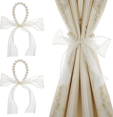Bow Curtain Tiebacks, White Pearl Curtain Tiebacks Elegant Lace Ribbon for Curtains Decorative Curtains Tieback for Home Office Bedroom Living Room Wedding Party (2 Pack) in Saudi Arabia