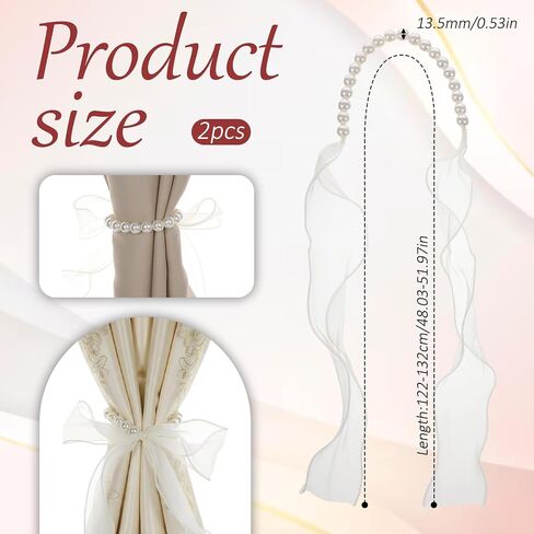 Bow Curtain Tiebacks, White Pearl Curtain Tiebacks Elegant Lace Ribbon for Curtains Decorative Curtains Tieback for Home Office Bedroom Living Room Wedding Party (2 Pack) in Saudi Arabia