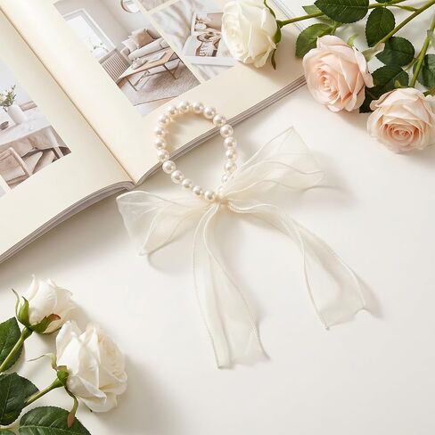 Bow Curtain Tiebacks, White Pearl Curtain Tiebacks Elegant Lace Ribbon for Curtains Decorative Curtains Tieback for Home Office Bedroom Living Room Wedding Party (2 Pack) in Saudi Arabia