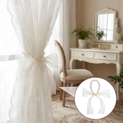 Bow Curtain Tiebacks, White Pearl Curtain Tiebacks Elegant Lace Ribbon for Curtains Decorative Curtains Tieback for Home Office Bedroom Living Room Wedding Party (2 Pack) in Saudi Arabia