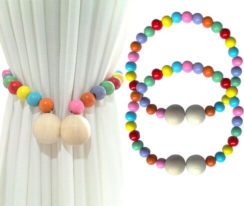 2 Pack Wood Bead Curtain Tiebacks, Colorful Boho Decorative Magnetic Curtain Holdbacks with Strong Nickel Plated Magnets, No Drill Window Treatment Ties for Nursery, Kids Room, Farmhouse Decor in Saudi Arabia
