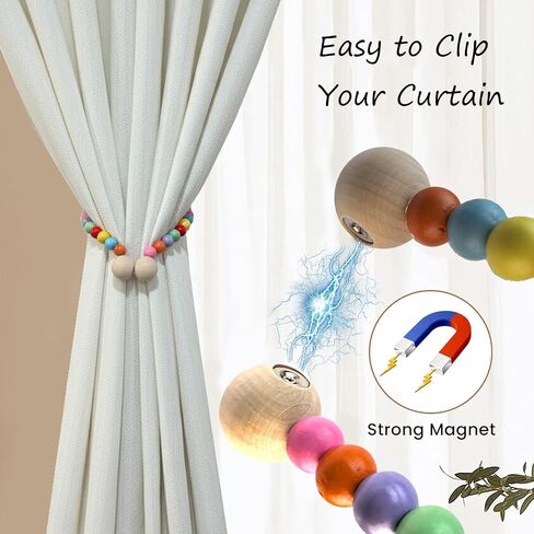 2 Pack Wood Bead Curtain Tiebacks, Colorful Boho Decorative Magnetic Curtain Holdbacks with Strong Nickel Plated Magnets, No Drill Window Treatment Ties for Nursery, Kids Room, Farmhouse Decor in Saudi Arabia