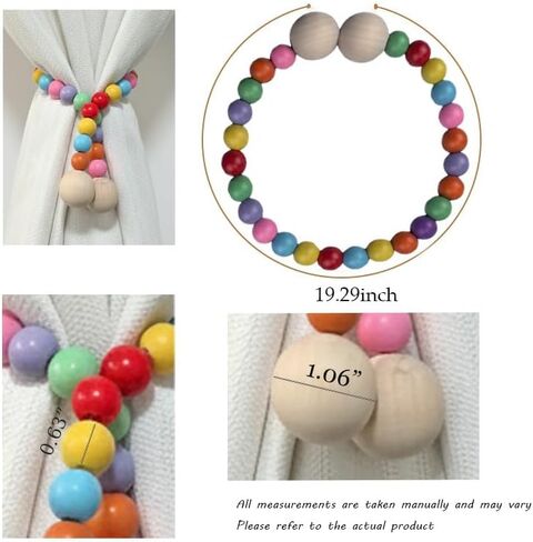 2 Pack Wood Bead Curtain Tiebacks, Colorful Boho Decorative Magnetic Curtain Holdbacks with Strong Nickel Plated Magnets, No Drill Window Treatment Ties for Nursery, Kids Room, Farmhouse Decor in Saudi Arabia