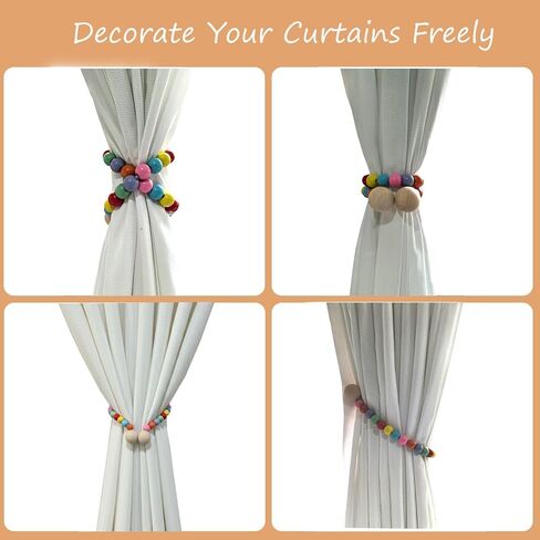 2 Pack Wood Bead Curtain Tiebacks, Colorful Boho Decorative Magnetic Curtain Holdbacks with Strong Nickel Plated Magnets, No Drill Window Treatment Ties for Nursery, Kids Room, Farmhouse Decor in Saudi Arabia